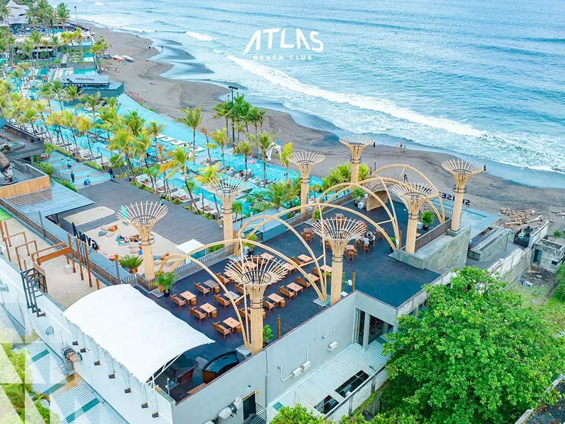 Atlas Beach Club on the Berawa sand, from the air