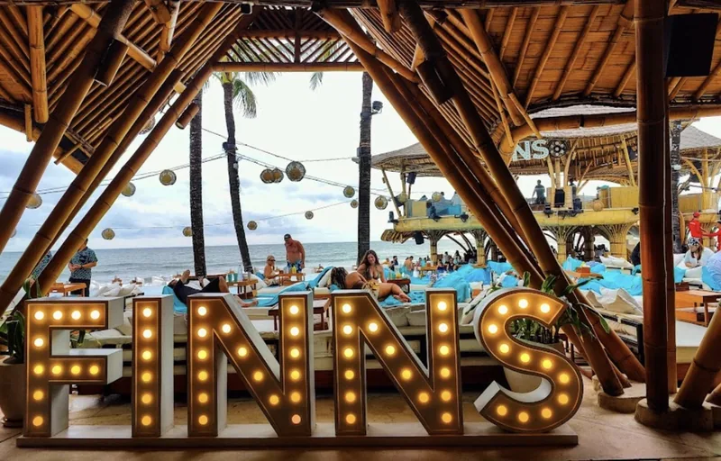 The bamboo pavilions and beanbags at Finns, Berawa