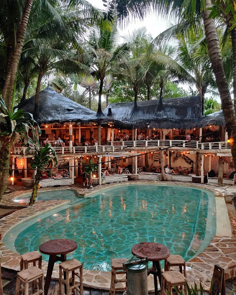 The reclaimed-timber bar and pool at La Brisa, Echo Beach