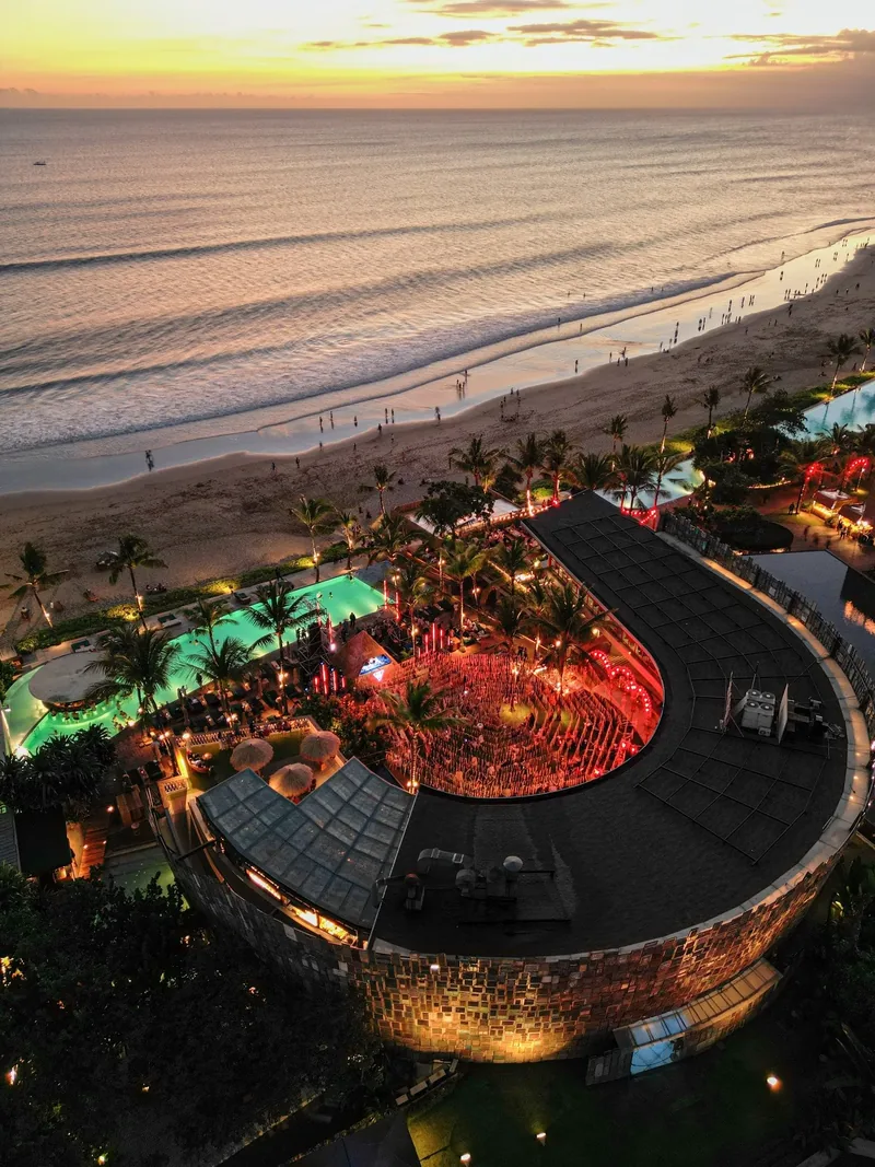 The curved shutter facade at Potato Head, Petitenget, at sunset