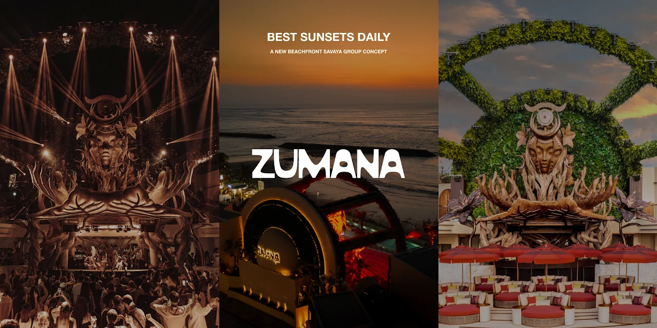 Zumana, a new beachfront Savaya Group concept: the stage figure lit up at night, sunset over Kuta Beach, and the daybeds below the stage by day