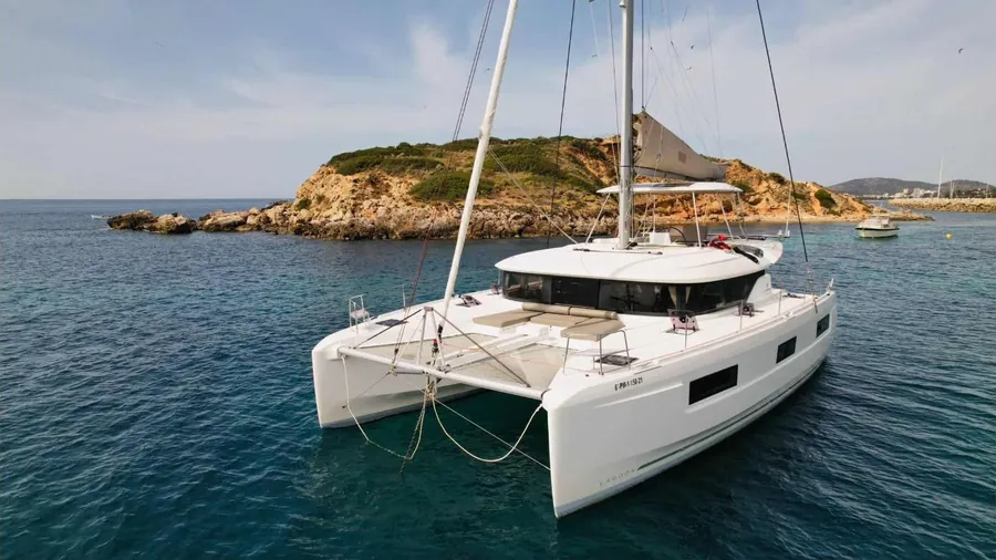 A luxury catamaran under way near the Mallorca coast