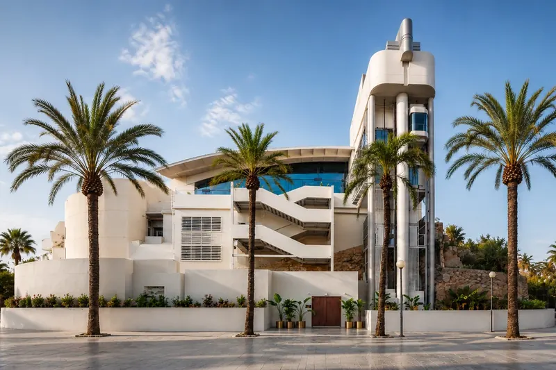 The white curved exterior of FITZ nightclub on the Paseo Marítimo in Palma de Mallorca, framed by palm trees