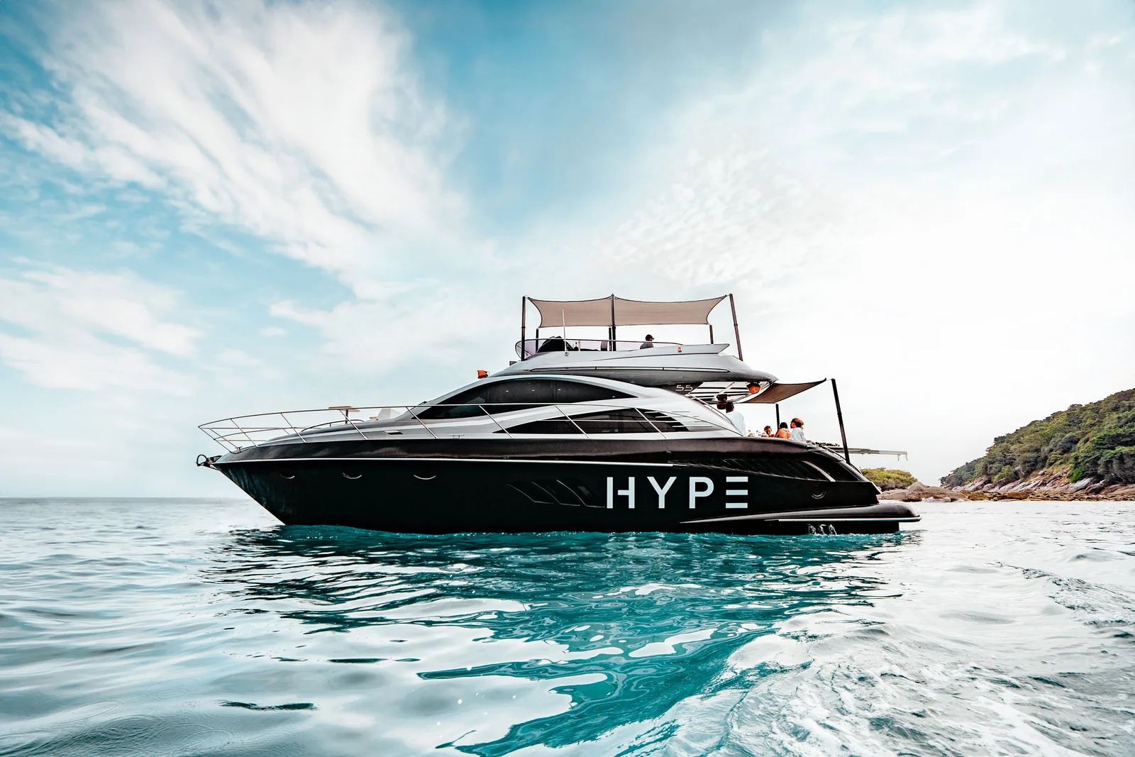 The Hype motor yacht off Phuket, seen from the water