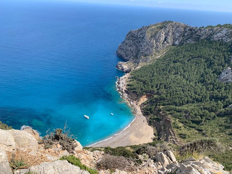 Platja des Coll Baix seen from the cliff path high above the bay